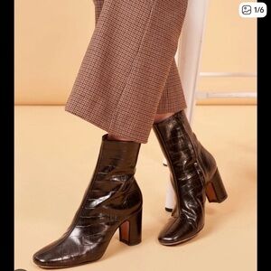 Rouje Dark Chocolate Brown Croc embossed Claudia Heel Ankle Square Boot 37/ 5.5